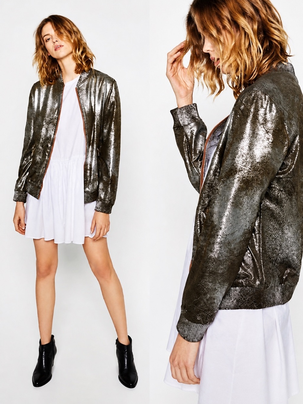 ZARA Woman Metallic Green-Silver Bomber Jacket with Satin Finish – XS – NWOT
